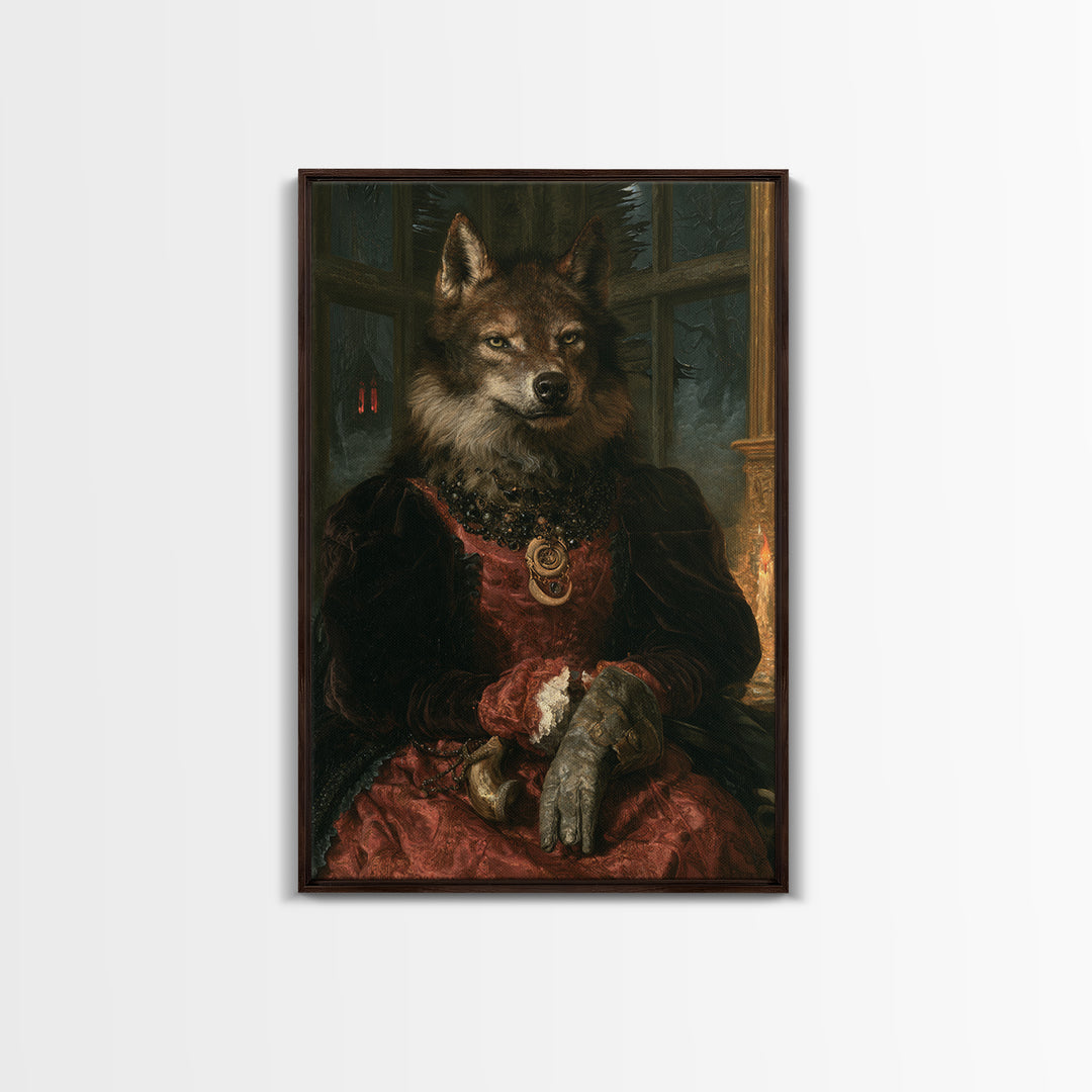 The Velvet Lycan Duchess, Victorian Werewolf Portrait, Vertical Canvas Print, Gothic Home Decor, Gothic Wall Decor, Classic Monster Art