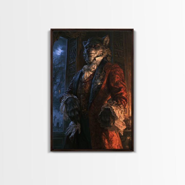The Ballroom Lycan, Victorian Werewolf Portrait, Vertical Canvas Print, Antique Style Decor, Antique Horror Decor, Classic Monster Art