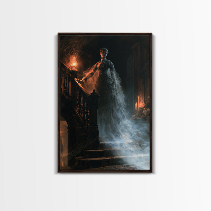 The Staircase Apparition, Victorian Ghost Portrait, Vertical Canvas Print, Antique Style Decor, Halloween Portrait Art, Classic Monster Art