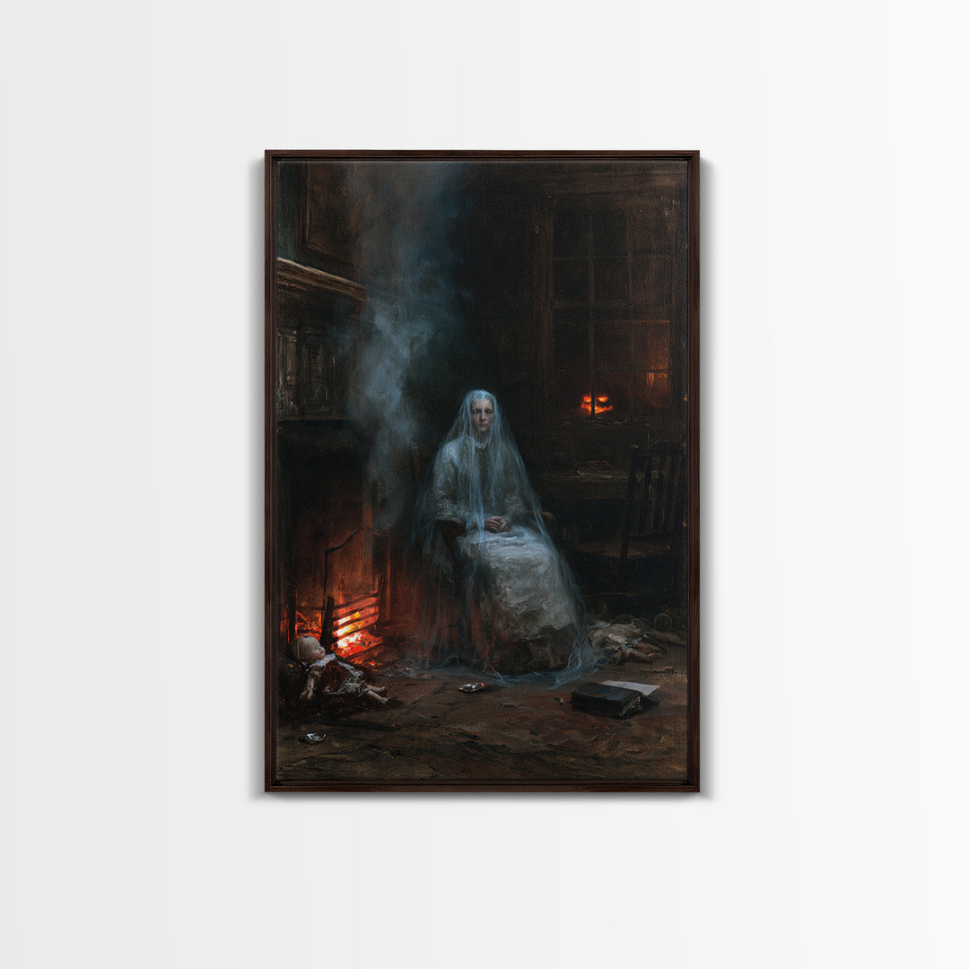 The Hearthside Shade, Victorian Ghost Portrait, Vertical Canvas Print, Classic Halloween Decor, Canvas Print, Classic Monster Art