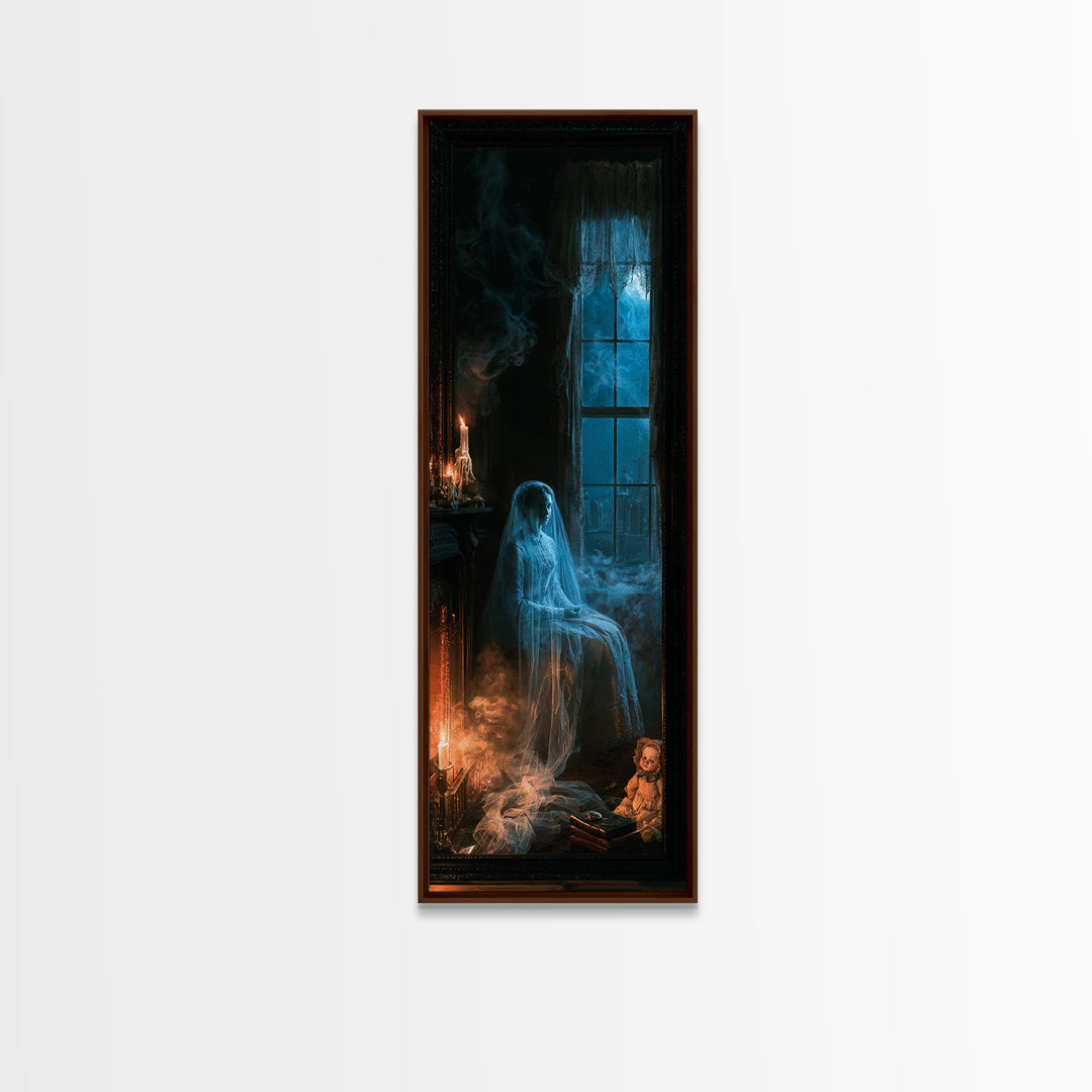 The Hearthside Shade, Victorian Ghost Portrait, Tall Narrow Canvas Print, Macabre Home Decor, Gothic Wall Decor, Classic Monster Art