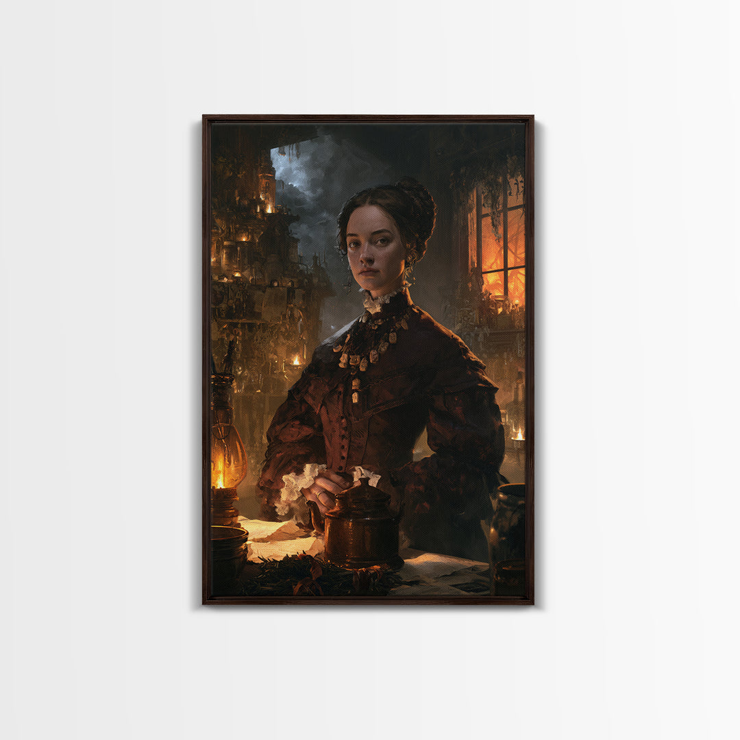 The Bone Charm Governess, Victorian Witch Portrait, Vertical Canvas Print, Macabre Home Decor, Spooky Season Decor, Classic Monster Art
