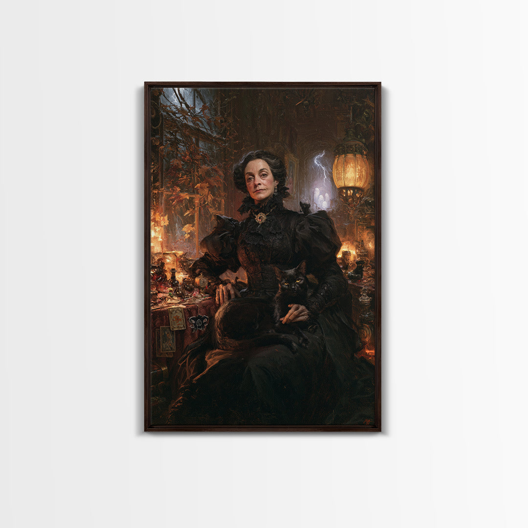 The Widow Of Nine Cats, Victorian Witch Portrait, Vertical Canvas Print, Gothic Home Decor, Halloween Portrait Art, Classic Monster Art