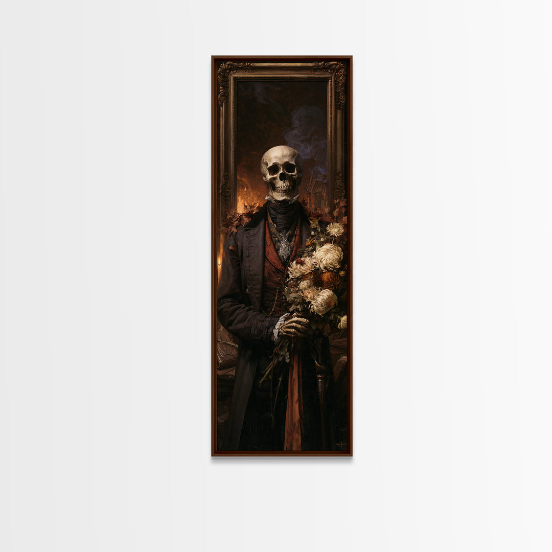 The Graveyard Dandy, Victorian Skeleton Portrait, Tall Narrow Canvas Print, Gothic Home Decor, Halloween Portrait Art, Classic Monster Art