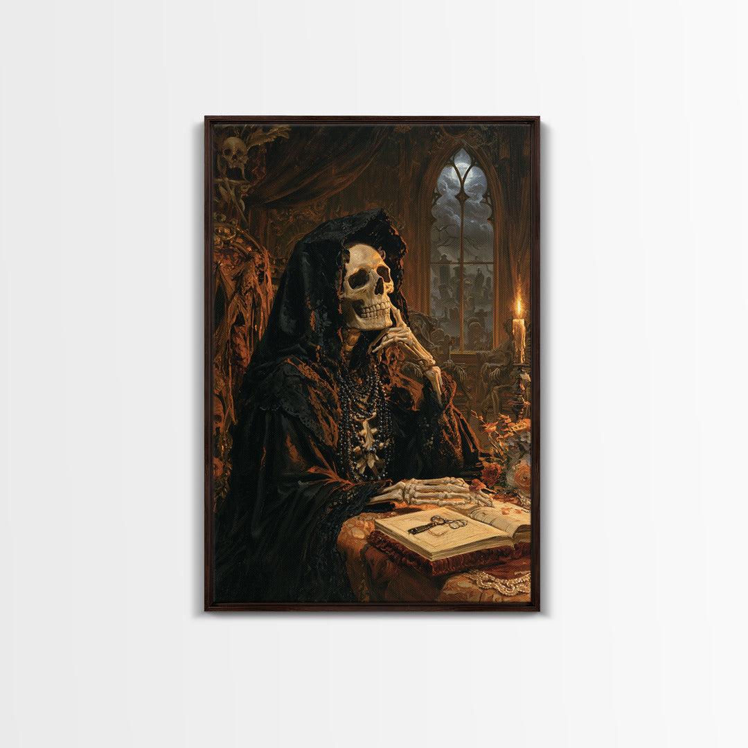 The Widow In Ivory Bone, Victorian Skeleton Portrait, Vertical Canvas Print, Macabre Home Decor, Halloween Portrait Art, Classic Monster Art