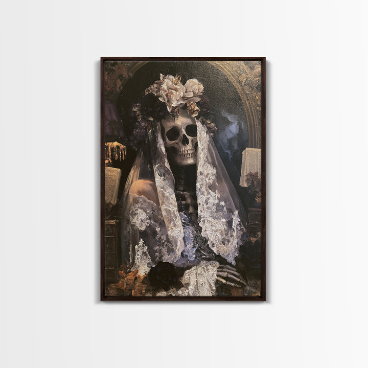 The Mourning Skeleton Bride, Victorian Skeleton Portrait, Vertical Canvas Print, Macabre Home Decor, Classic Monster Art