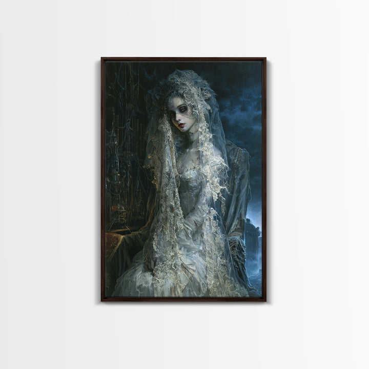 The Storm-Stitched Bride, Victorian Monster Portrait, Vertical Canvas Print, Classic Halloween Decor, Classic Monster Art
