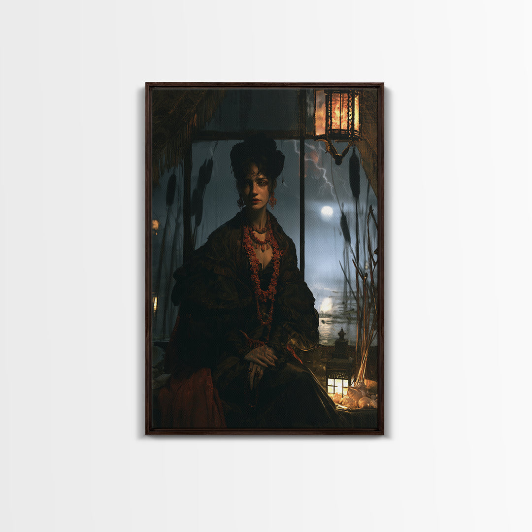 The Tidal Heiress, Victorian Creature Portrait, Vertical Canvas Print, Dark Academia Decor, Antique Horror Decor, Classic Monster Art
