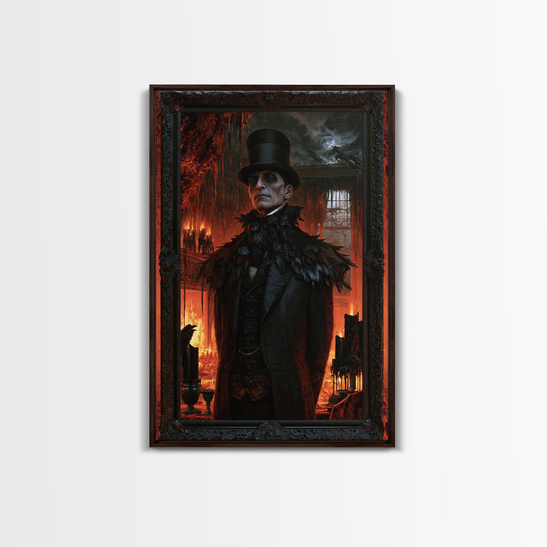 The Raven-Shouldered Undertaker, Macabre Victorian Portrait, Vertical Canvas Print, Classic Halloween Decor, Classic Monster Art