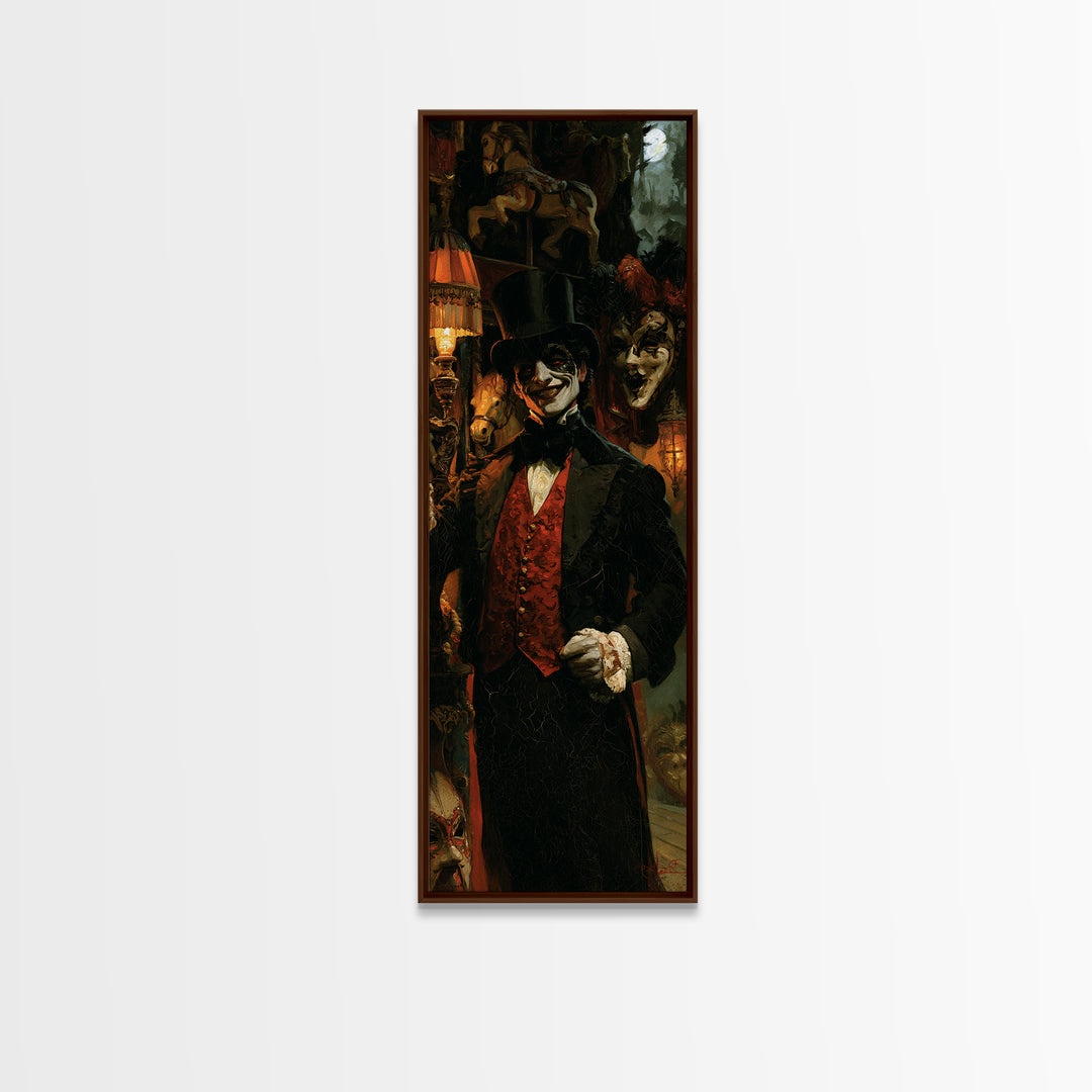 The Cursed Ringmaster, Victorian Circus Horror Portrait, Tall Narrow Canvas Print, Classic Halloween Decor, Classic Monster Art