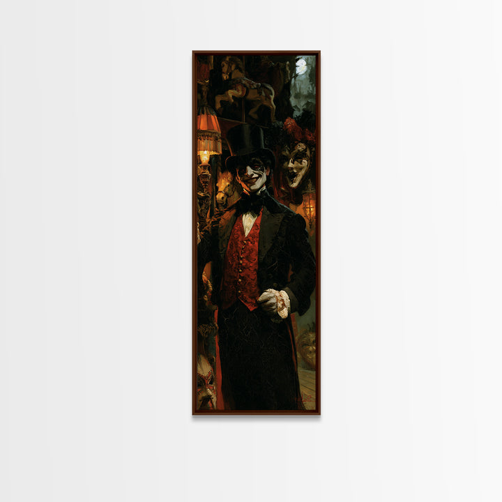 The Cursed Ringmaster, Victorian Circus Horror Portrait, Tall Narrow Canvas Print, Classic Halloween Decor, Classic Monster Art