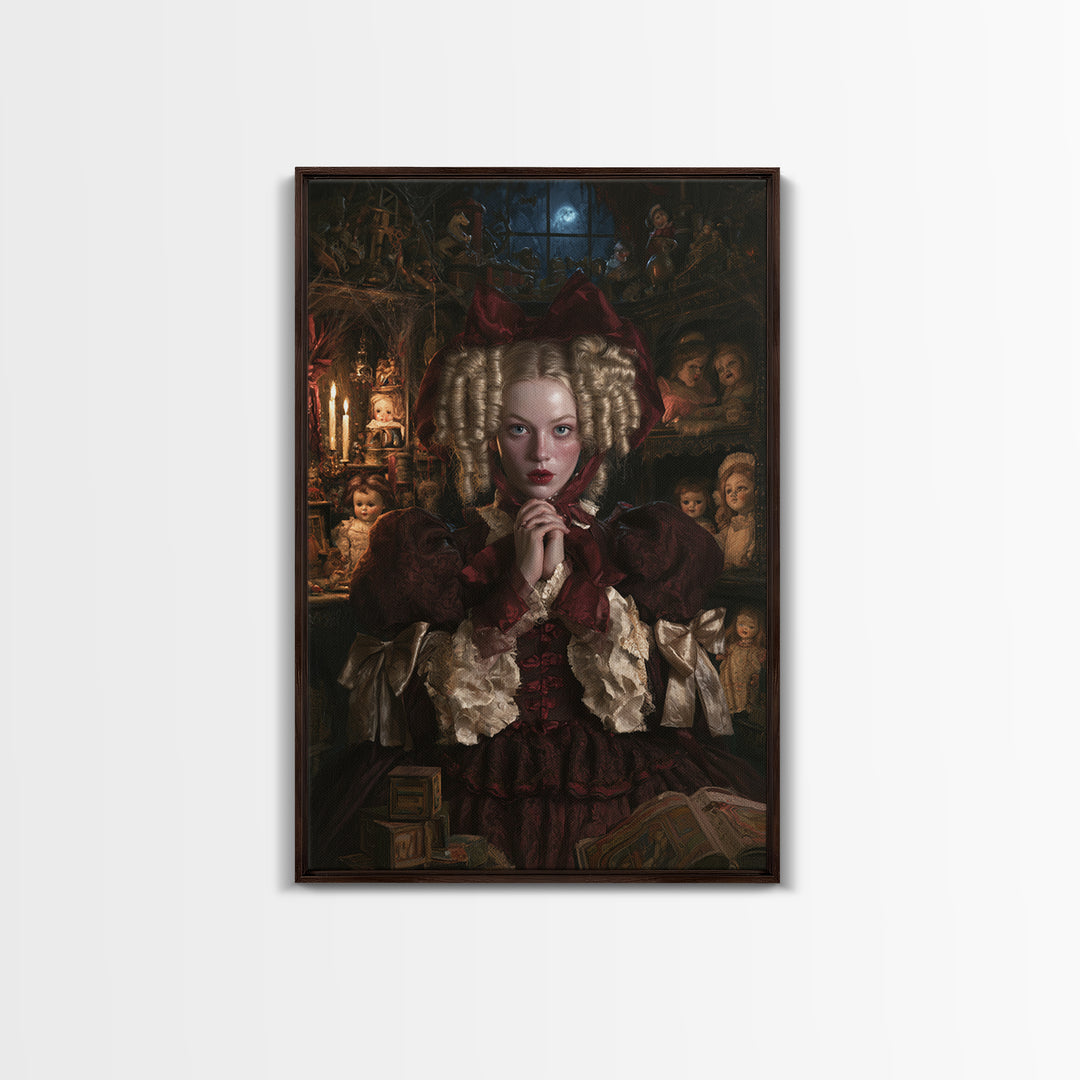 The Porcelain Doll Mistress, Haunted Doll Portrait, Vertical Canvas Print, Gothic Home Decor, Halloween Portrait Art, Classic Monster Art