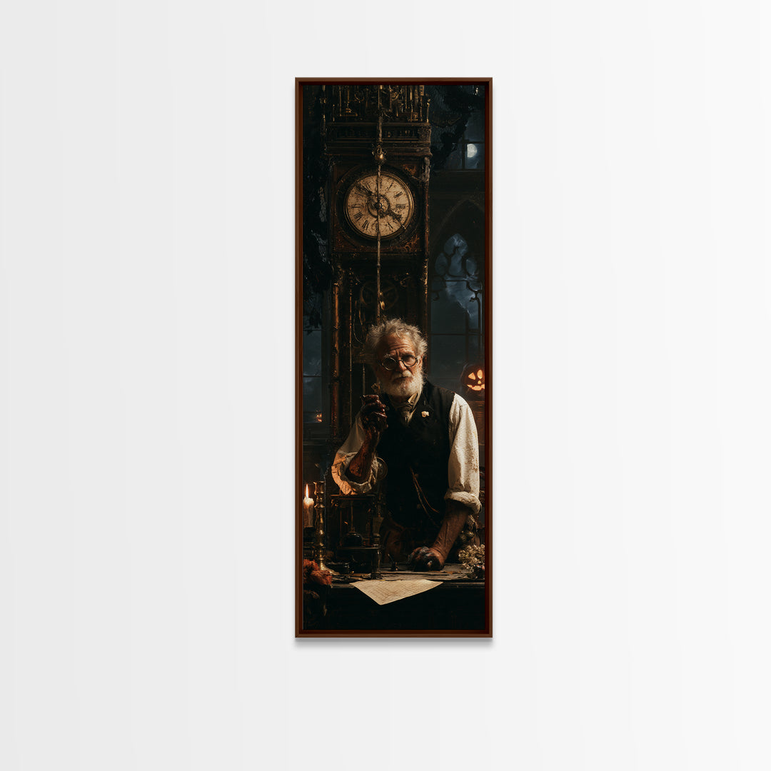 The Clockmaker Of Midnight, Midnight Clockmaker Portrait, Tall Narrow Canvas Print, Antique Style Decor, Gothic Wall Decor