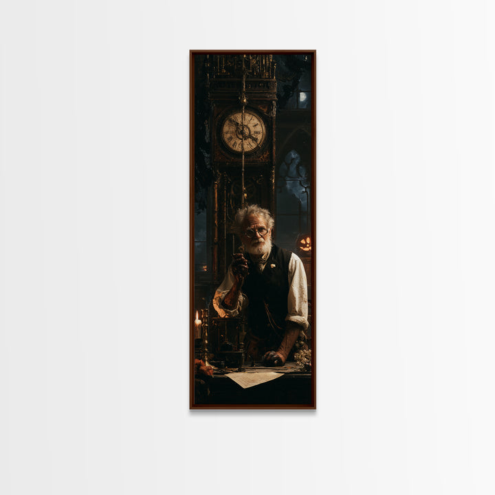 The Clockmaker Of Midnight, Midnight Clockmaker Portrait, Tall Narrow Canvas Print, Antique Style Decor, Gothic Wall Decor
