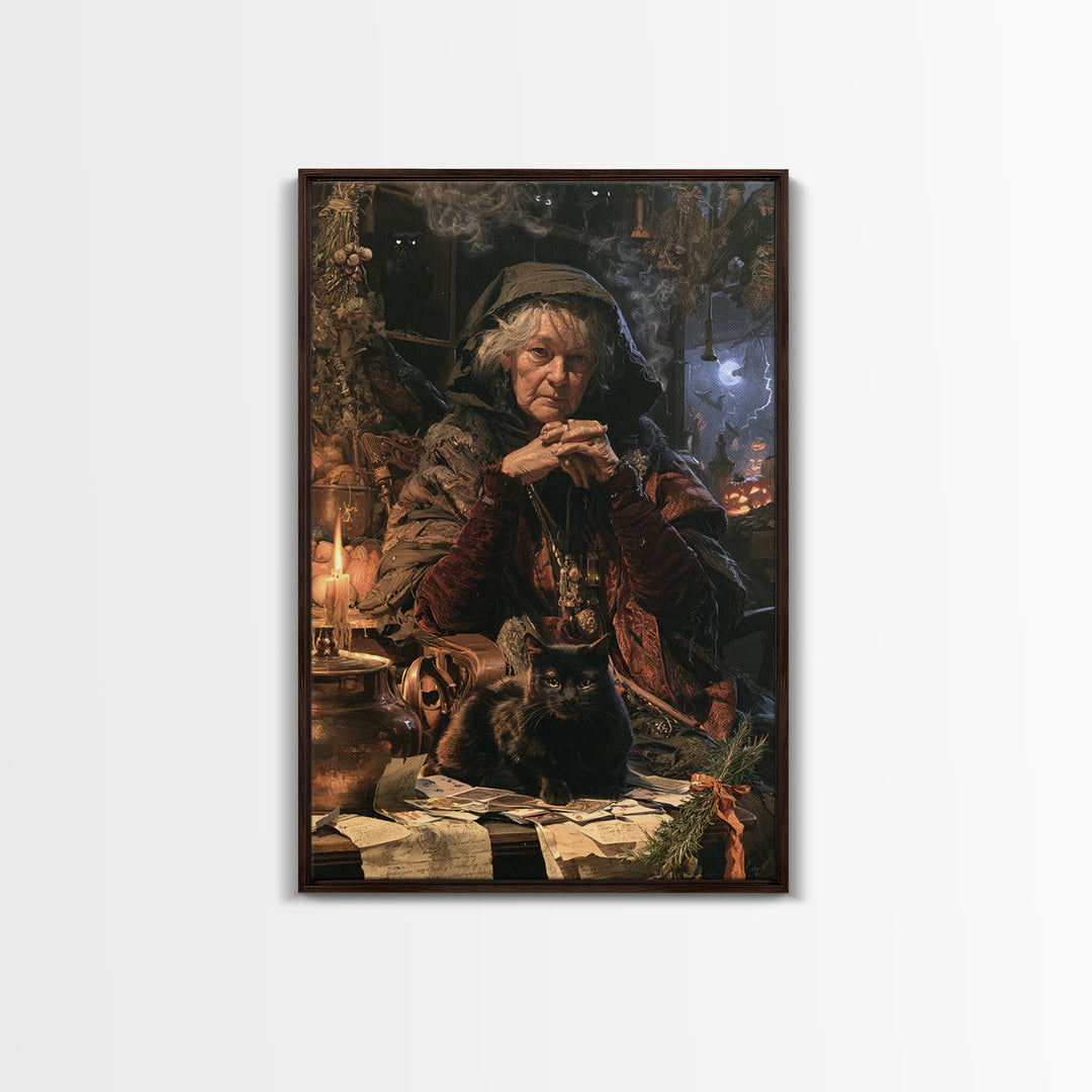 The Black-Cat Fortune Teller, Victorian Fortune Teller Portrait, Vertical Canvas Print, Gothic Home Decor, Classic Monster Art
