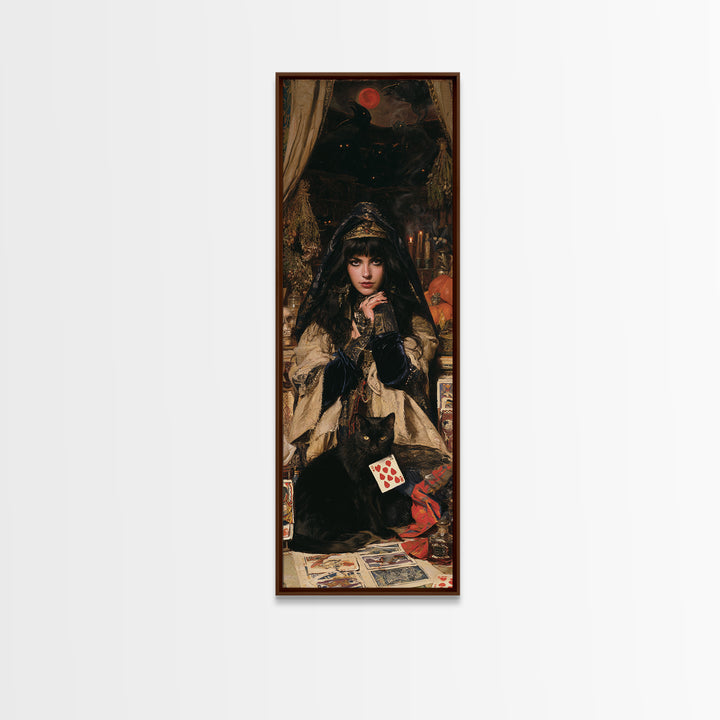 The Black-Cat Fortune Teller, Victorian Fortune Teller Portrait, Tall Narrow Canvas Print, Gothic Home Decor, Canvas Print