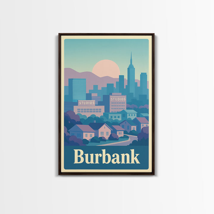 Burbank Travel Poster, Canvas Print, Vaporwave City Skyline Wall Art, Burbank Wall Art, City Illustration, Vintage Travel Art, City Poster