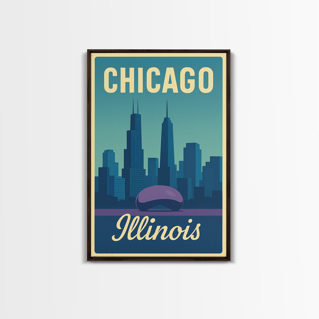 Chicago Travel Poster, Canvas Print, Pastel Retro Travel Art, Chicago Travel Art, Watercolor Urban Skyline, Office Decor, City Art Print