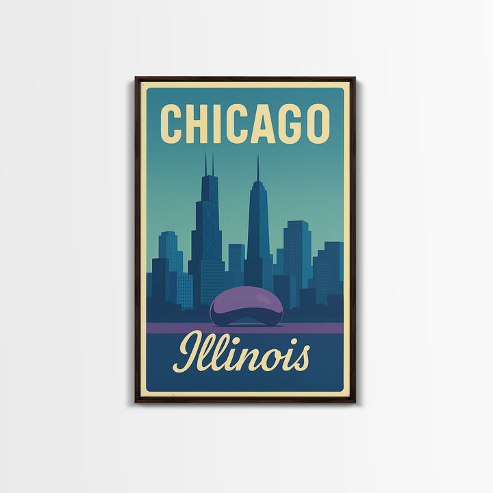 Chicago Travel Poster, Canvas Print, Pastel Retro Travel Art, Chicago Travel Art, Watercolor Urban Skyline, Office Decor, City Art Print