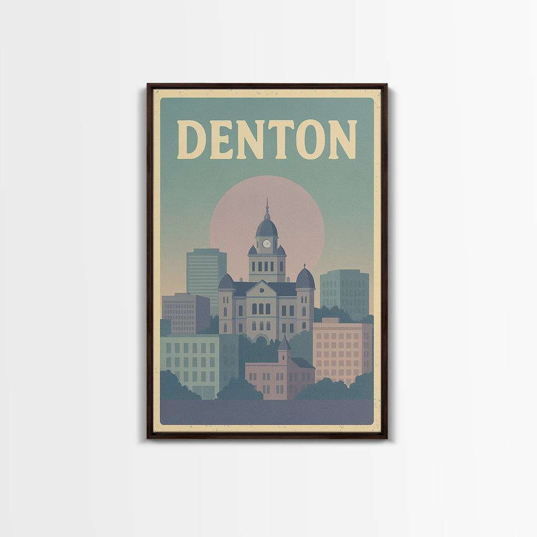Denton Travel Poster, Framed Canvas Print, Vaporwave Skyline Wall Art, Denton Poster Print, Living Room Wall Art, Modern Wall Decor