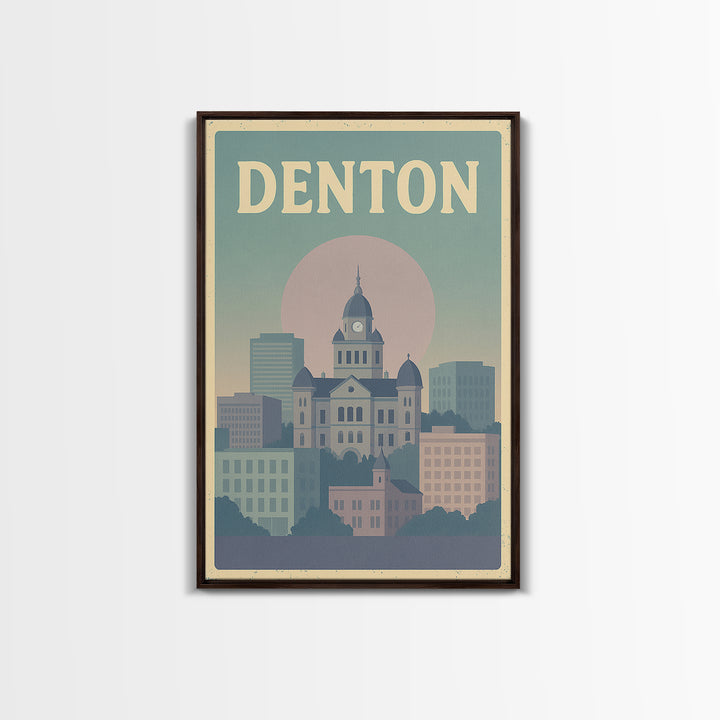 Denton Travel Poster, Framed Canvas Print, Vaporwave Skyline Wall Art, Denton Poster Print, Living Room Wall Art, Modern Wall Decor
