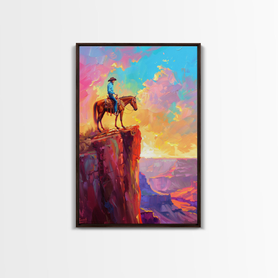 Cowboy on Horse at Sunrise - Colorful Western Landscape Painting, Sunrise Wall Art, Living Room Decor, Cowboy Canvas Print