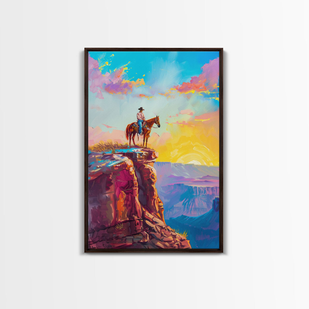 Cowboy on Cliff Edge at Sunrise - Colorful Western Landscape Painting, Framed Canvas Print, Sunrise Wall Art, Living Room Decor