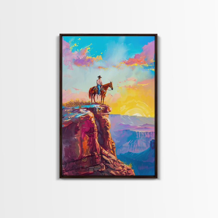 Cowboy on Cliff Edge at Sunrise - Colorful Western Landscape Painting, Framed Canvas Print, Sunrise Wall Art, Living Room Decor