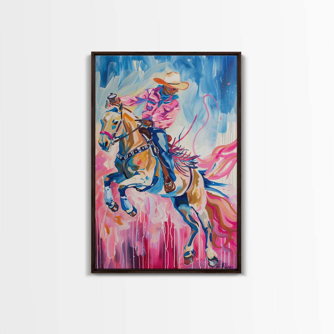 Dynamic Cowboy and Horse Painting - Colorful Western Art, Framed Canvas Print, Living Room Decor, Cowboy Riding Wall Art