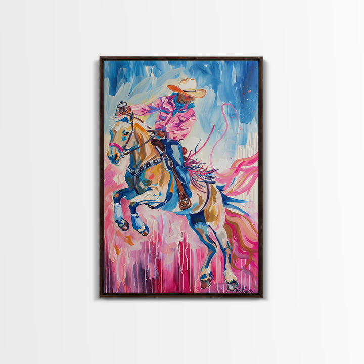 Dynamic Cowboy and Horse Painting - Colorful Western Art, Framed Canvas Print, Living Room Decor, Cowboy Riding Wall Art