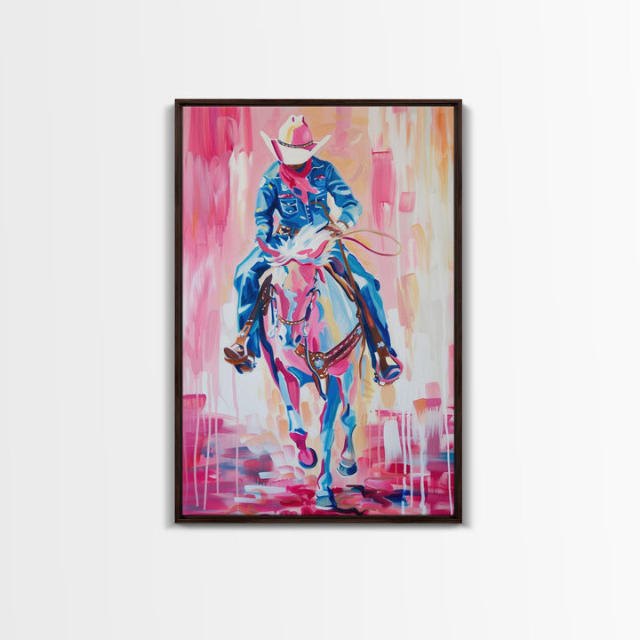 Cowboy Riding in Pink - Colorful Western Art, Framed Canvas Print, Living Room Decor, Cowboy Painting, Vibrant Wall Art