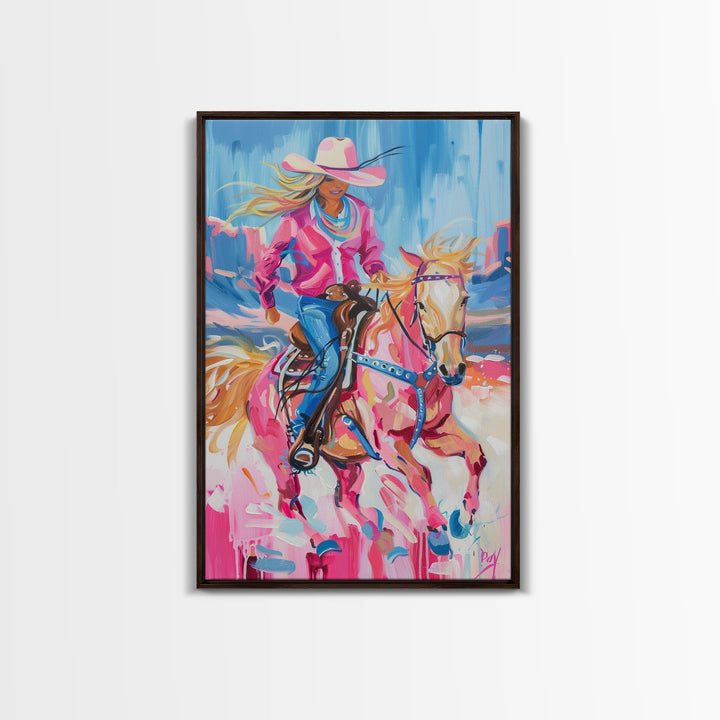 Dynamic Cowgirl and Horse - Colorful Western Art, Framed Canvas Print, Living Room Decor, Cowgirl Painting, Vibrant Wall Art