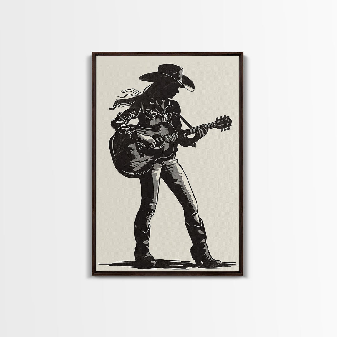 Cowgirl Guitarist Silhouette Art Print, Retro Western Framed Canvas, Vintage Country Music Art, Unique Wall Decor for Home