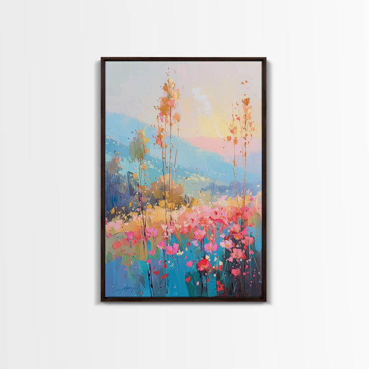 Serene Meadow Landscape at Sunrise - Framed Canvas Print, Tranquil Living Room Art, Peaceful Bedroom Decor, Pastel Flower Art, Wall Art