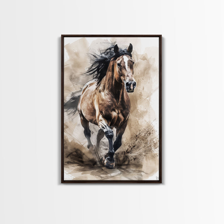 Powerful Horse Galloping - Framed Canvas Print, Dynamic Living Room Art, Energetic Bedroom Decor, Equestrian Art, Wall Art