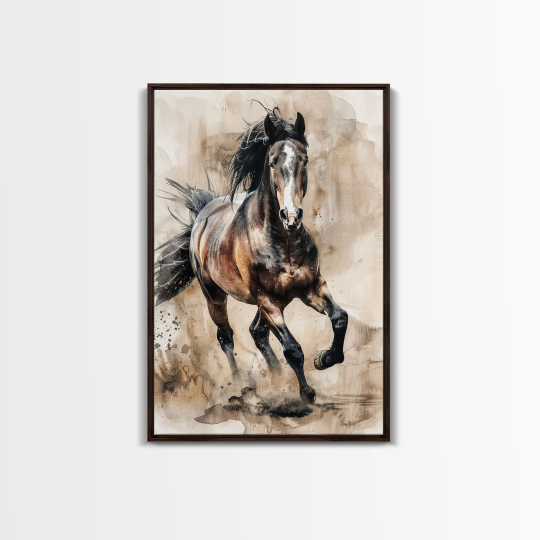 Running Horse in Motion - Framed Canvas Print, Lively Living Room Art, Vibrant Bedroom Decor, Equestrian Art, Wall Art