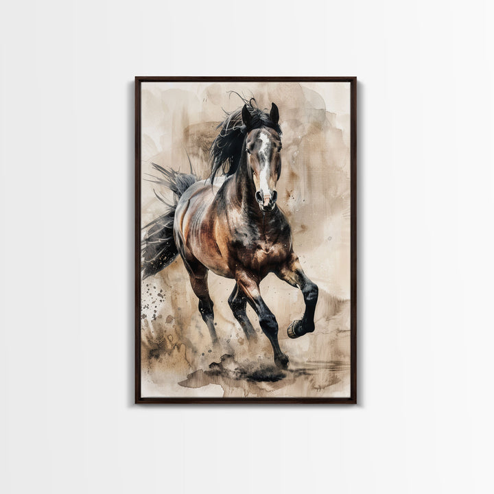 Running Horse in Motion - Framed Canvas Print, Lively Living Room Art, Vibrant Bedroom Decor, Equestrian Art, Wall Art