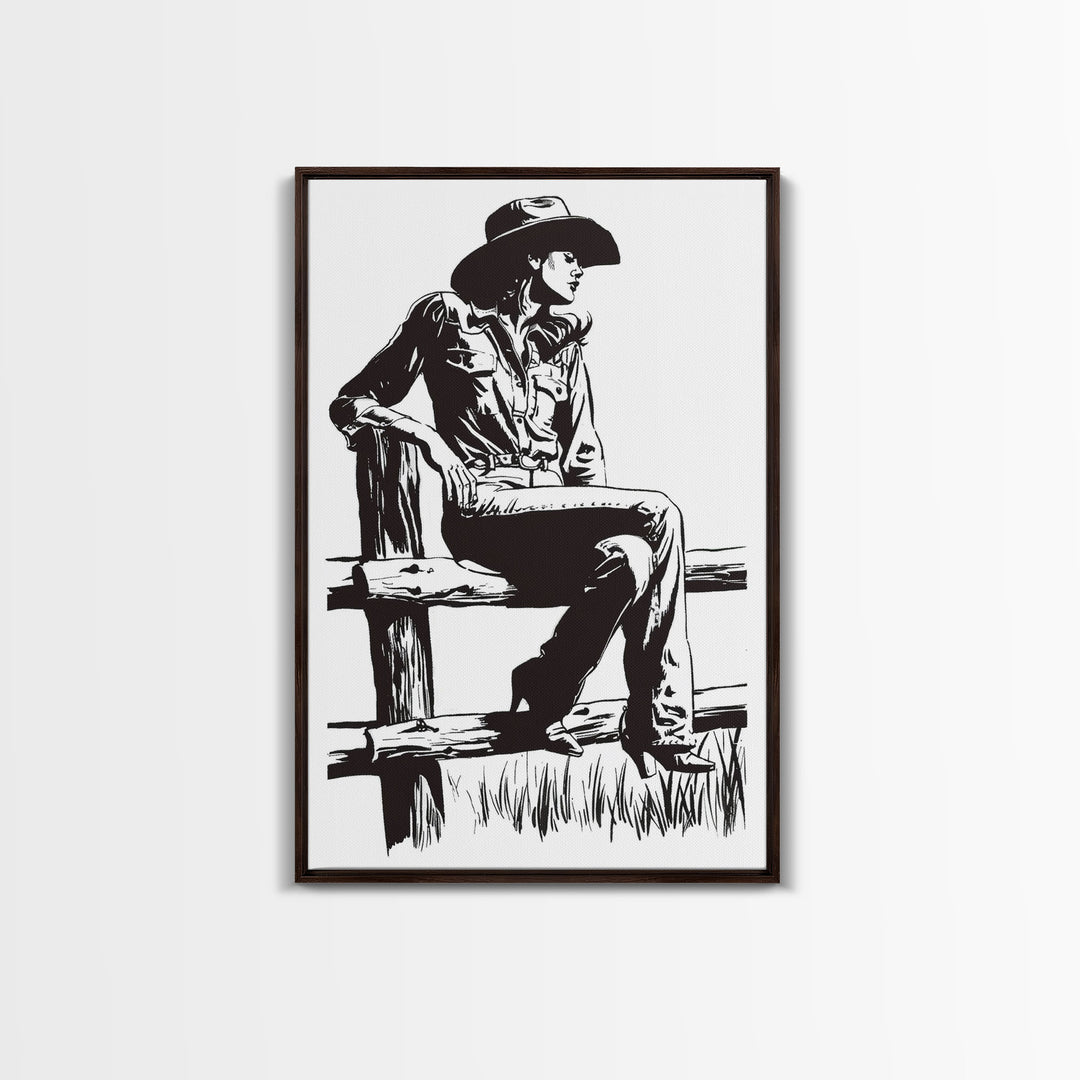 Cowgirl Resting on Fence Art Print, Western Silhouette Framed Canvas, Vintage Cowgirl Artwork, Rustic Home Decor