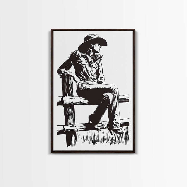 Cowgirl Resting on Fence Art Print, Western Silhouette Framed Canvas, Vintage Cowgirl Artwork, Rustic Home Decor