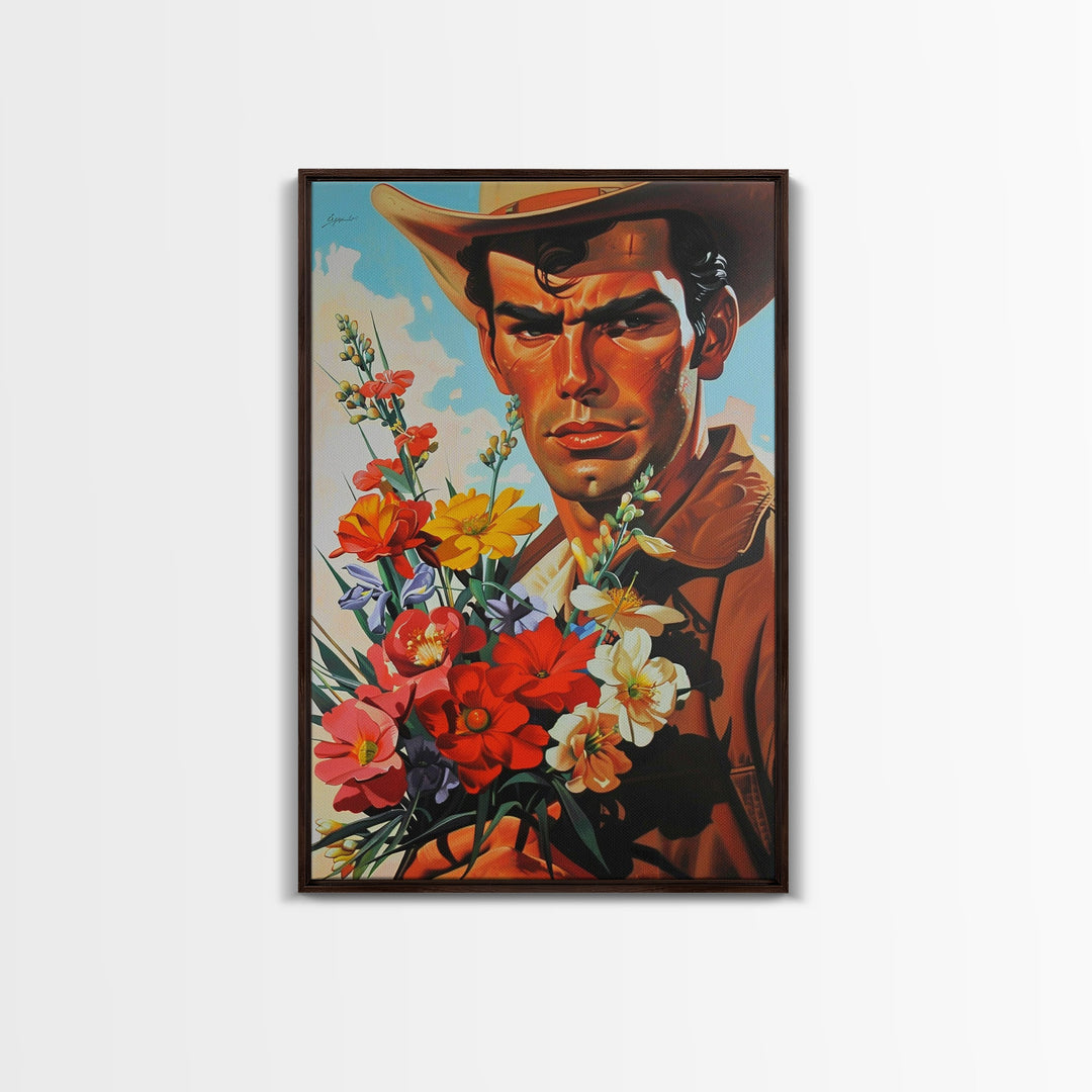 Cowboy with Bouquet of Flowers - Framed Canvas Print, Western Living Room Art, Rustic Bedroom Decor, Americana Art, Wall Art