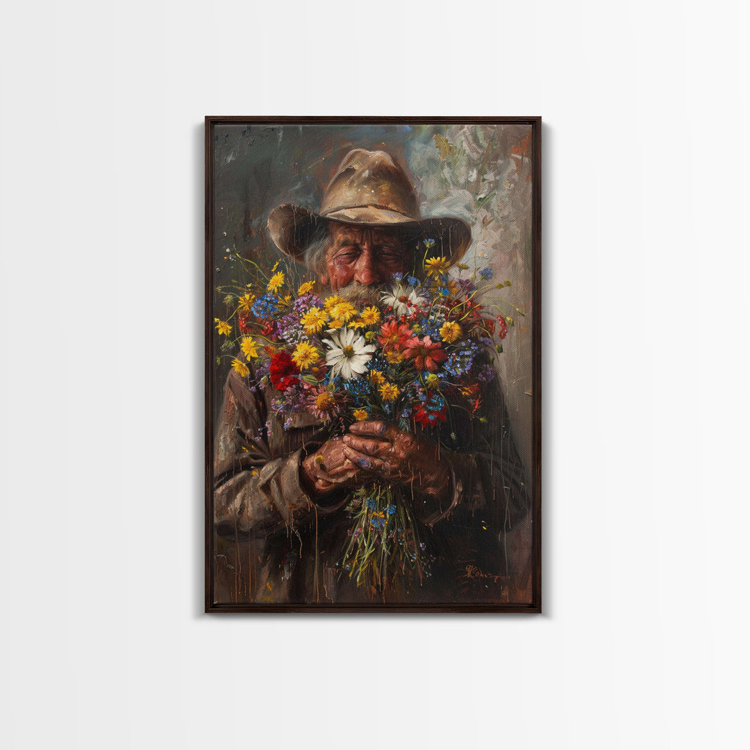 Old Cowboy with Wildflowers - Framed Canvas Print, Vintage Living Room Art, Rustic Bedroom Decor, Western Art, Wall Art