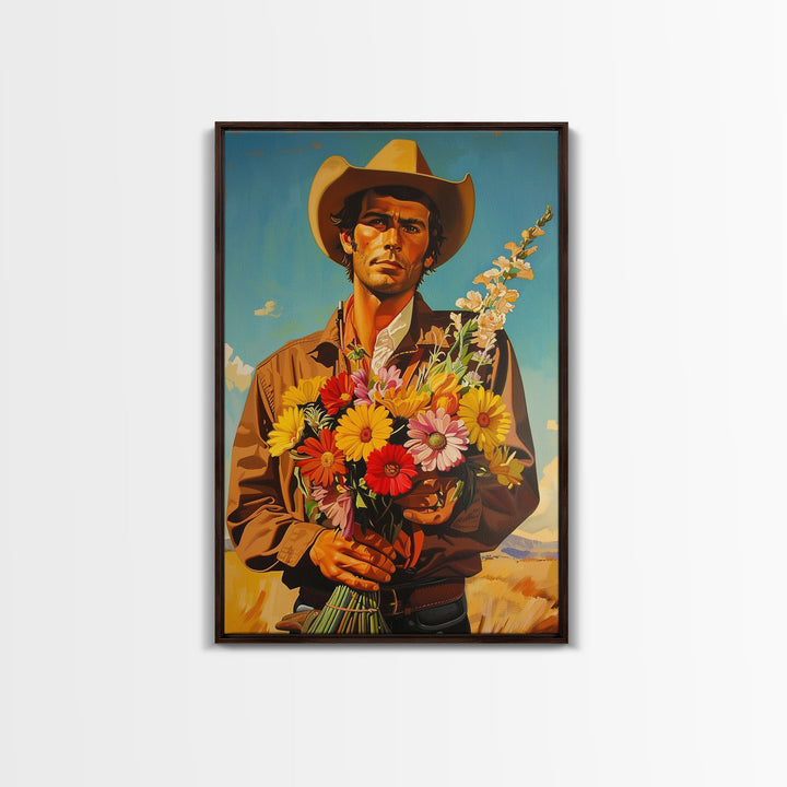 Vintage Cowboy Holding Flowers - Framed Canvas Print, Southwestern Living Room Art, Rustic Bedroom Decor, Retro Art, Wall Art