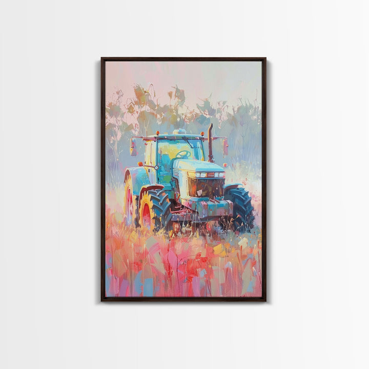 Farm Tractor in Vibrant Meadow - Framed Canvas Print, Countryside Living Room Art, Pastel Bedroom Decor, Rural Art, Wall Art