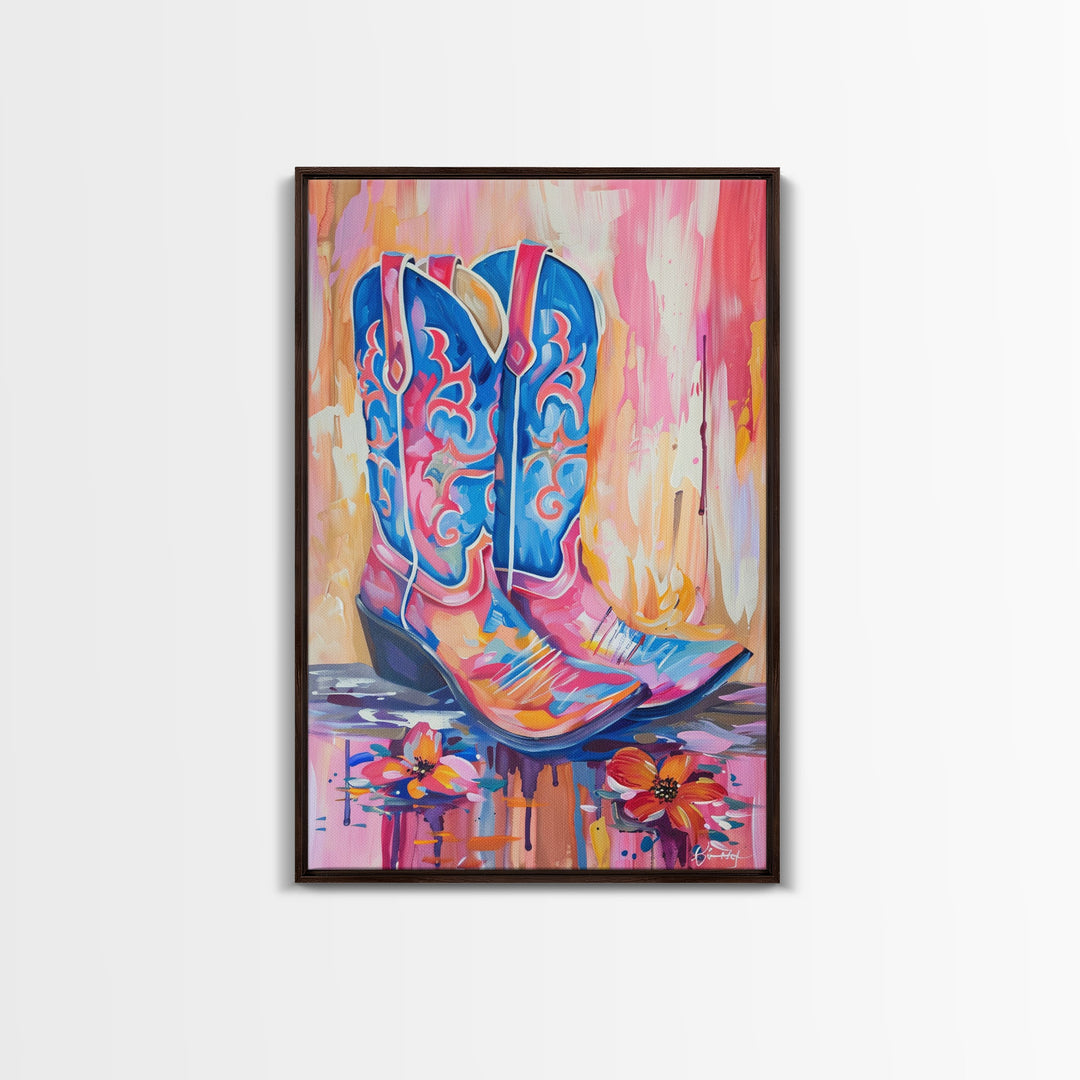 Colorful Cowboy Boots with Flowers - Framed Canvas Print, Rustic Western Decor, Vibrant Boot Wall Art for Home Decoration