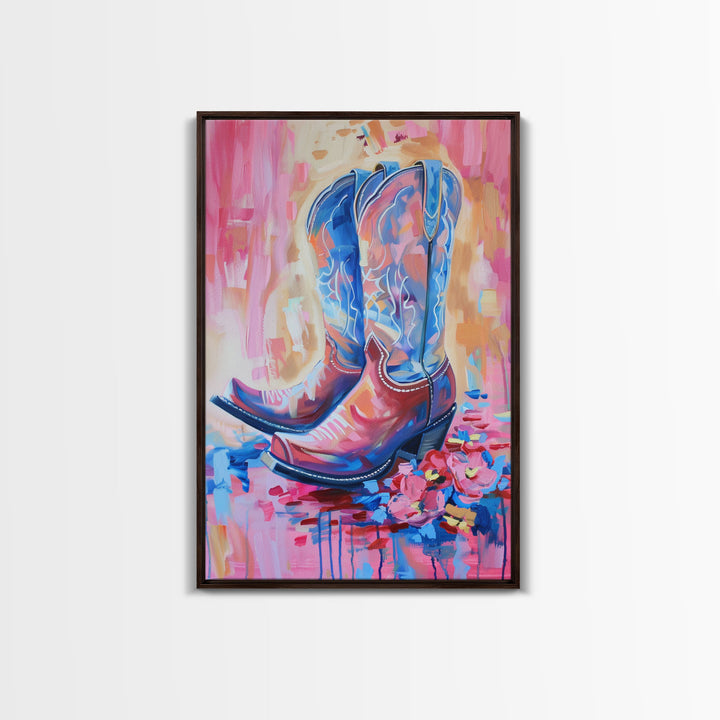 Bright Western Cowboy Boots Art with Floral Accents - Framed Canvas Print, Rustic Wall Art, Colorful Boot Decor for Living Room