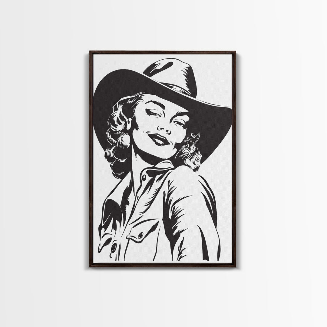 Smiling Cowgirl Portrait Art Print, Western Silhouette Framed Canvas, Vintage Cowgirl Artwork, Unique Wall Decor