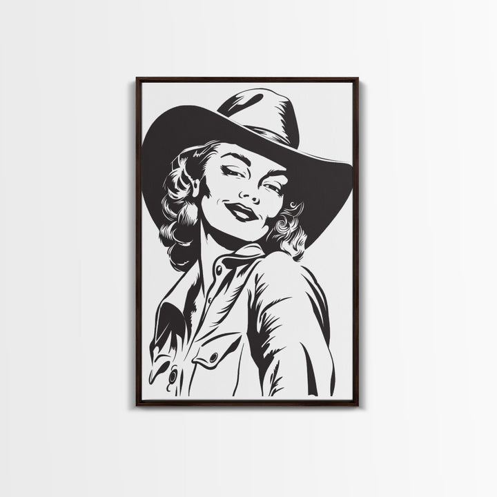 Smiling Cowgirl Portrait Art Print, Western Silhouette Framed Canvas, Vintage Cowgirl Artwork, Unique Wall Decor
