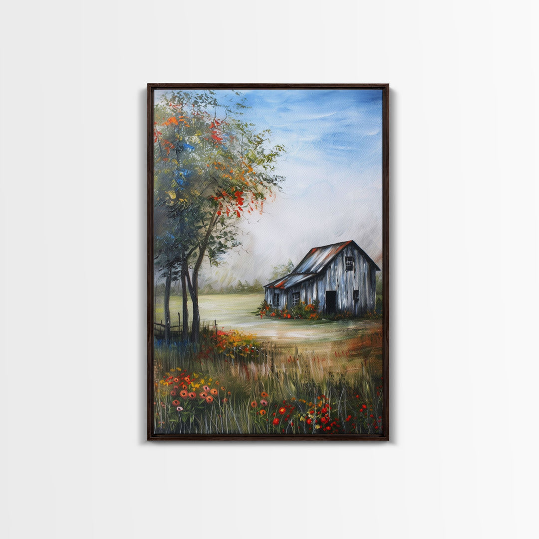 Idyllic Barn Scene with Rustic Charm - Framed Canvas Print, Country Living Room Decor, Farmhouse Wall Art, Barn Art Print for Bedroom