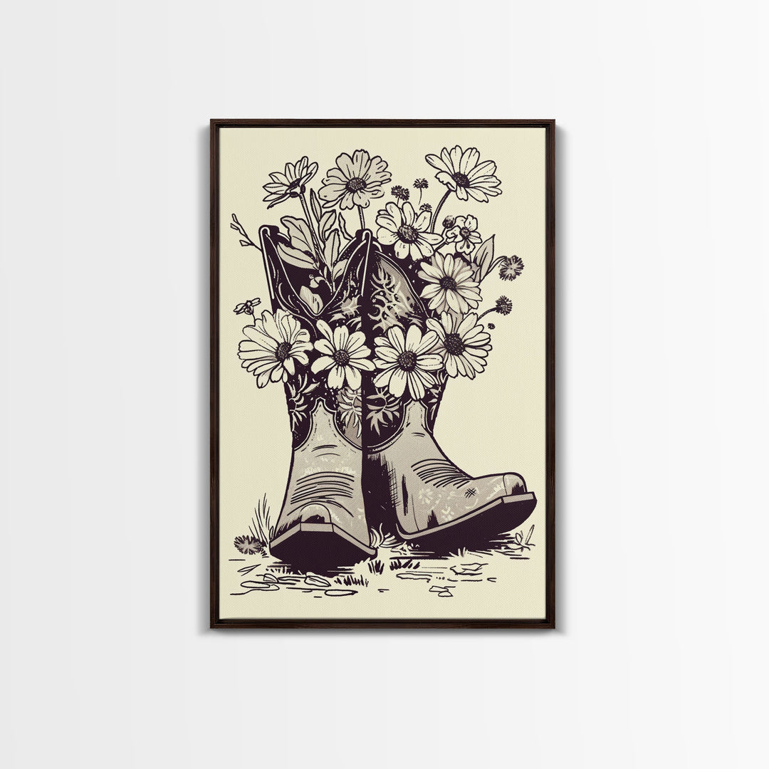 Cowboy Boots with Flowers Art Print, Western Silhouette Framed Canvas, Vintage Floral Boots Art, Unique Home Decor
