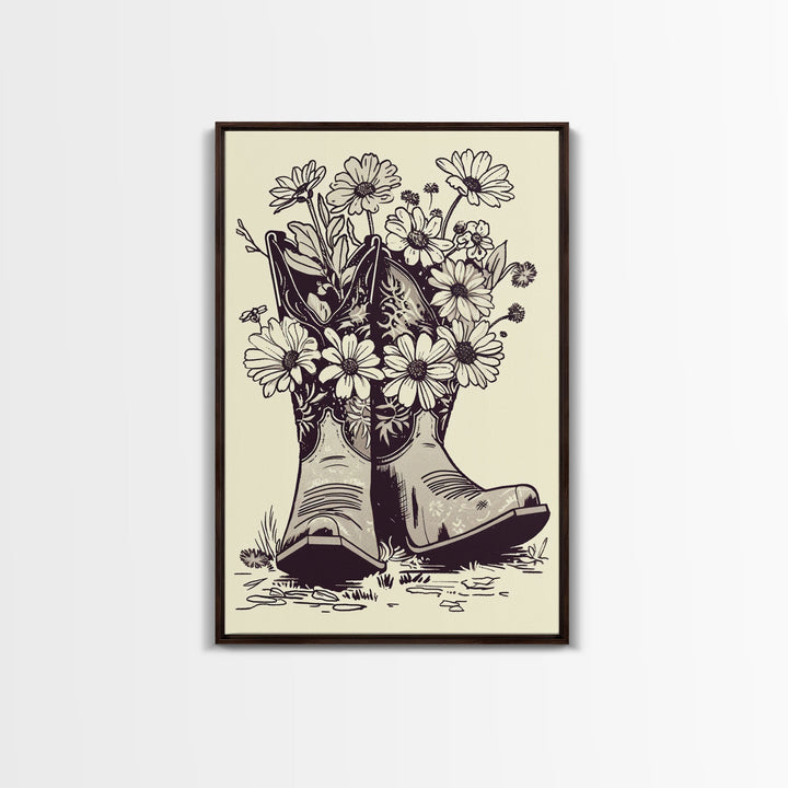 Cowboy Boots with Flowers Art Print, Western Silhouette Framed Canvas, Vintage Floral Boots Art, Unique Home Decor